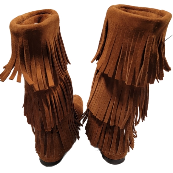 Womens Size 8 MinneTonka Fringed Suede Leather 3 Row Fringe Brown Moccasins Boot - Picture 3 of 8